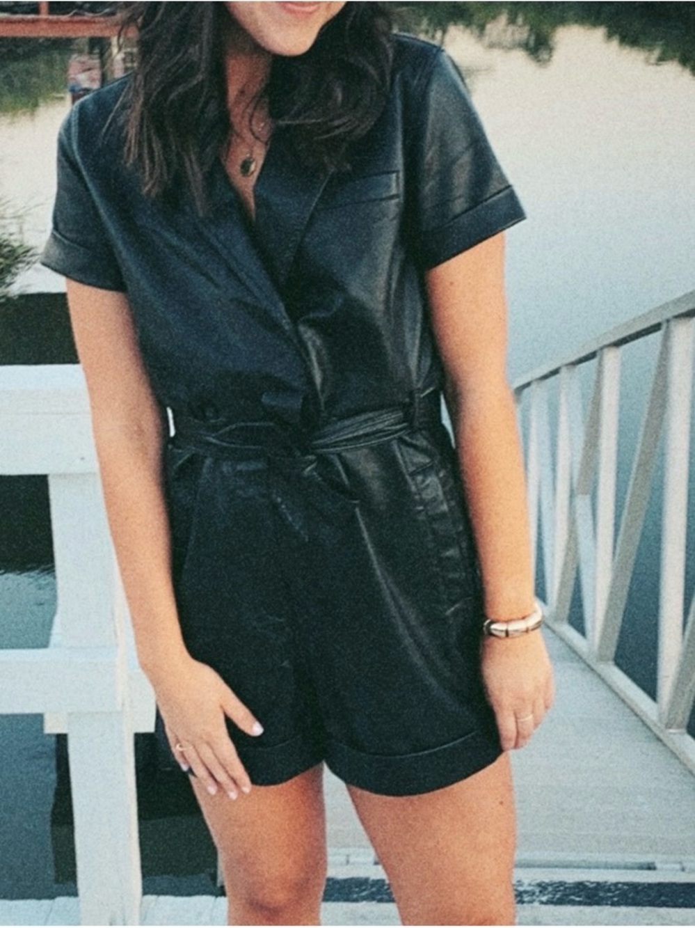 Free People Black Faux Leather Short Sleeve Romper